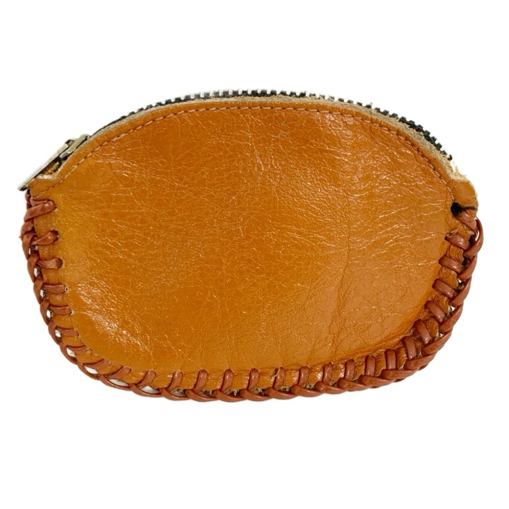 Vintage Handcrafted Oval Leather Coin Purse with Zip Closure Whipstitch Details